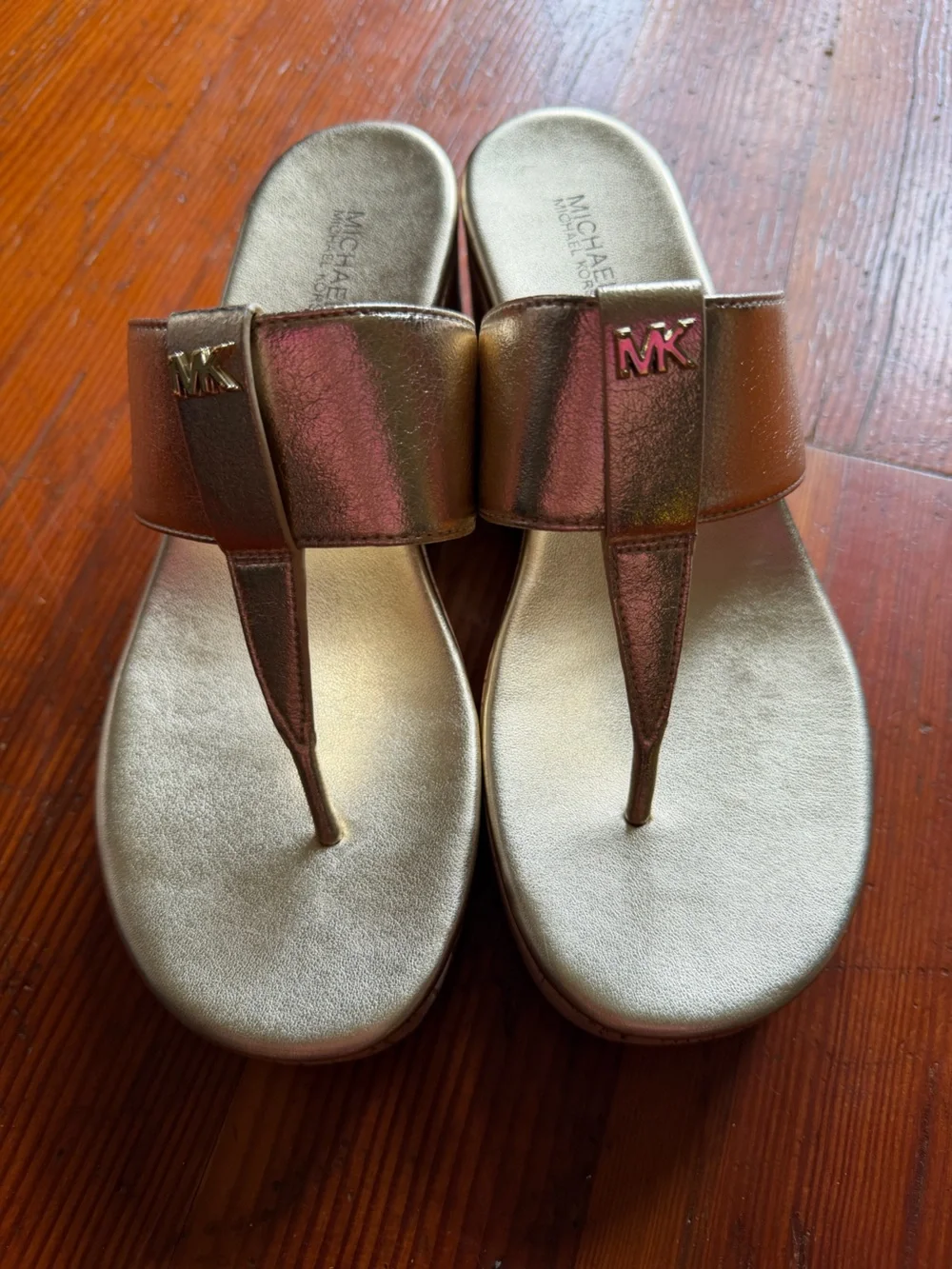 Michael Kors Metallic Gold Leather Thong Wedge Sandals